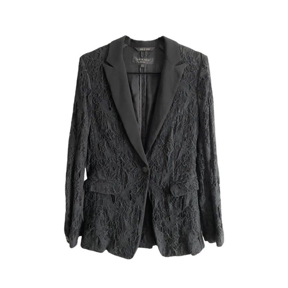 Rag & Bone Womens Lace Overlay 100% Silk One Button Blazer Black Size 4
